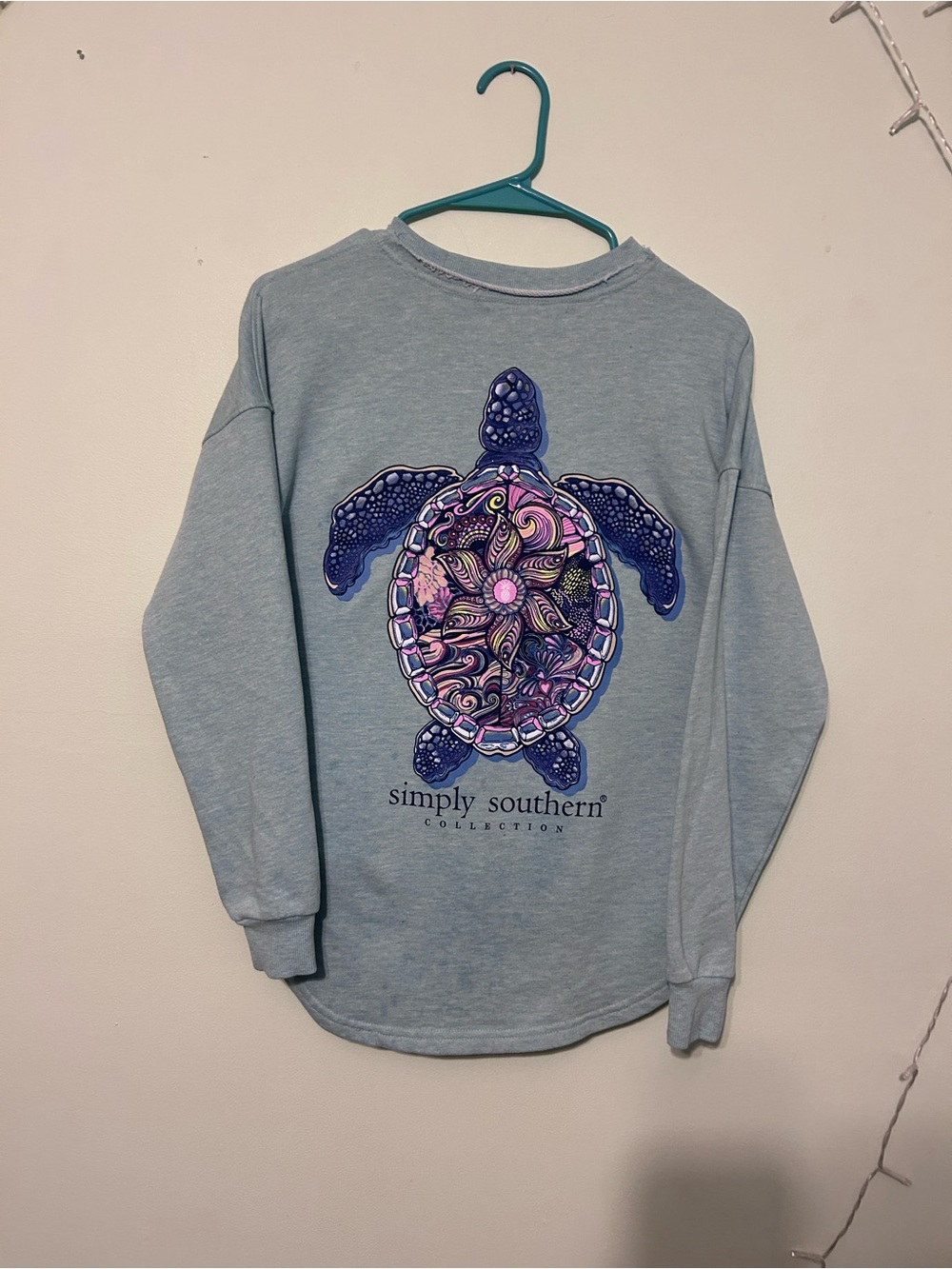 Simply Southern Light Blue Sweatshirt with Colorful Turtle Graphic